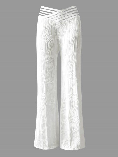 Solid Color Textured Striped Crossover Hollow Out Pants High Waisted Casual Wide Leg Long Pants