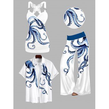 Vacation Couple Outfit Octopus Print Butterfly Lace Long Tank Top Colorblock Wide Leg Pants and Roll Up Sleeve Shirt Matching Outfit