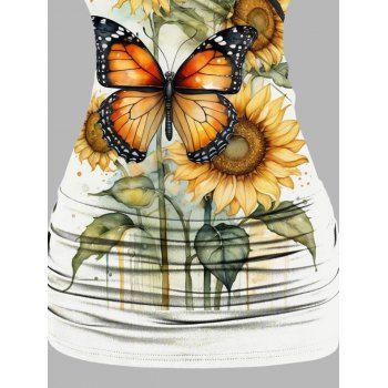 Butterfly Sunflower Leaf Print Lace Vacation Tank Top O Ring Strap Ruched Surplice Long Tank Top