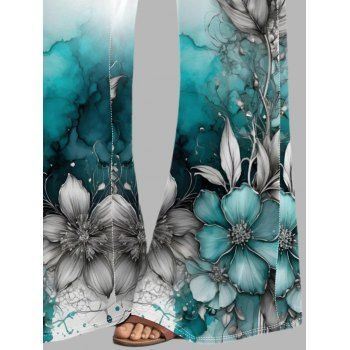 Ombre Flower Leaf Print Vacation Wide Leg Pants Elastic High Waisted Casual Long Pants