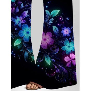 Colorful Floral Leaf Print Vacation Pants High Waisted Casual Long Wide Leg Pants