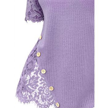 Floral Lace Patchwork Ribbed Mock Button Knit T Shirt Round Neck Short Sleeve Asymmetric Hem Top