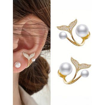 Rhinestone Mermaid Tail Shaped Faux Pearl Trendy Stud Earrings Elegance Women Accessory