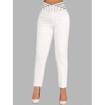 Plain Color Striped Crossover Hollow Out Skinny Pants High Waisted Casual Long Pencil Pants