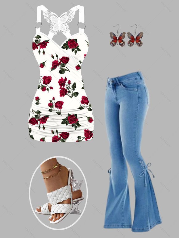 Rose Print Surplice Butterfly Lace Ruched Long Tank Top and Lace Up Flare Jeans and Drop Earrings Braid Square Toe Chunky Heels Sandals Trendy Outfit - Blanc S | US 4