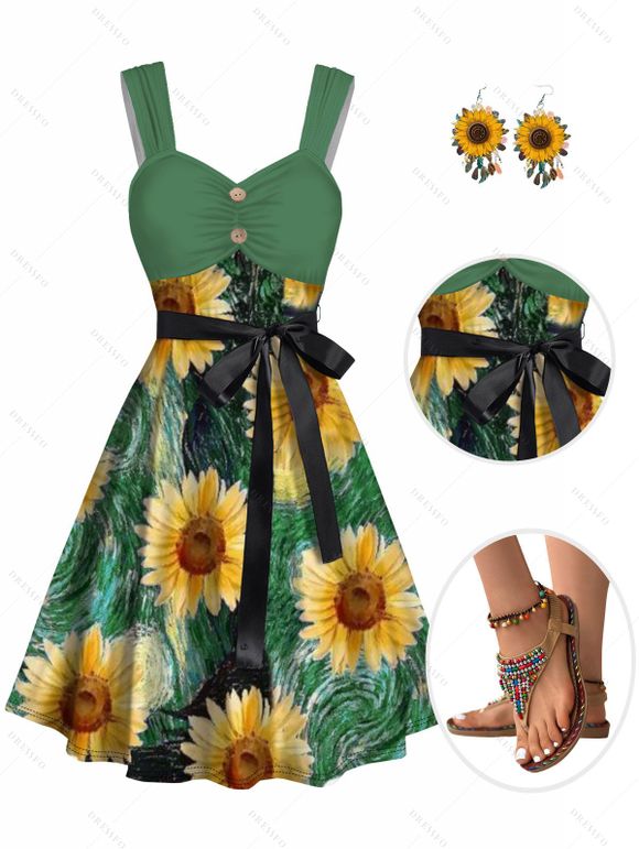 Vacation Outfit Sunflower Painting Pattern Ruched Bust Mock Button Belt A Line Dress and Earrings Beaded Flat Slip On Flip Flops Beach Outfit - Vert profond S | US 4