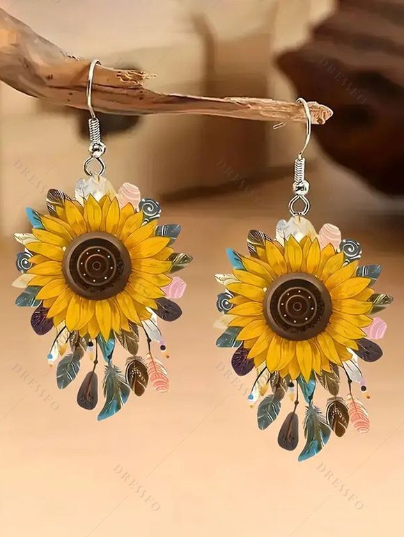 Vacation Outfit Sunflower Painting Pattern Ruched Bust Mock Button Belt A Line Dress and Earrings Beaded Flat Slip On Flip Flops Beach Outfit - Vert profond S | US 4