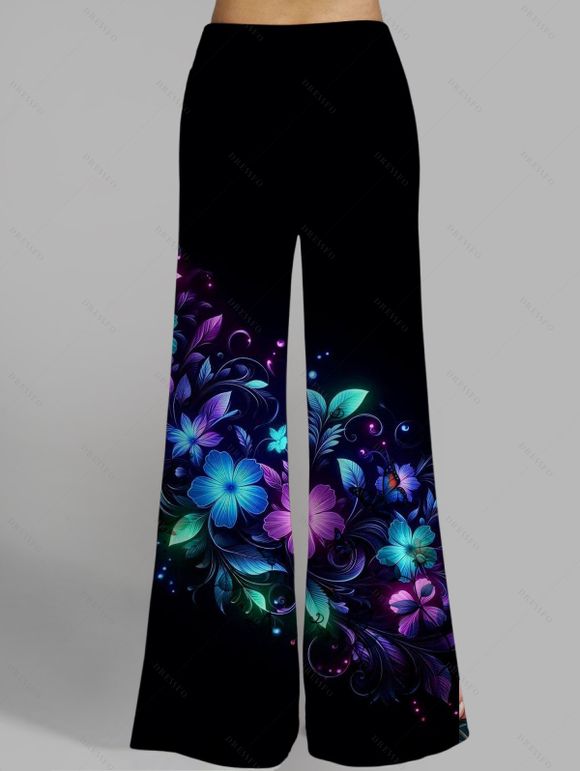 Pantalon Long Imprimé Feuille Floral Coloré à Taille Haute à Jambes Larges - Noir XXL | US 14