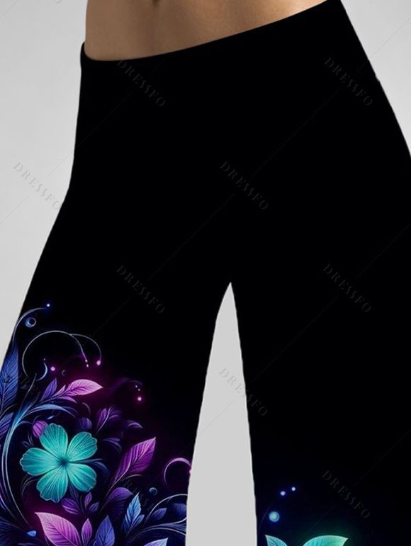 Pantalon Long Imprimé Feuille Floral Coloré à Taille Haute à Jambes Larges - Noir XXL | US 14