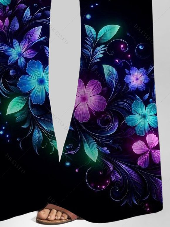 Pantalon Long Imprimé Feuille Floral Coloré à Taille Haute à Jambes Larges - Noir XXL | US 14