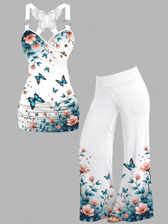 Vacation Outfit Ombre Floral Leaf Print Butterfly Lace O Ring Strap Long Tank Top and High Waisted Long Wide Leg Pants Two Piece Set - Bleu S | US 4