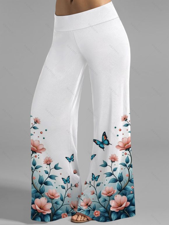 Pantalon de Vacances Long Fleuri Papillon Imprimé Ombré à Taille Haute - Bleu XXL | US 14