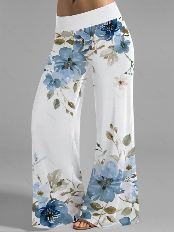 Pantalon Décontracté de Vacances Long à Taille Haute Élastique à Motif Floral et Feuilles - Bleu clair XXL | US 14