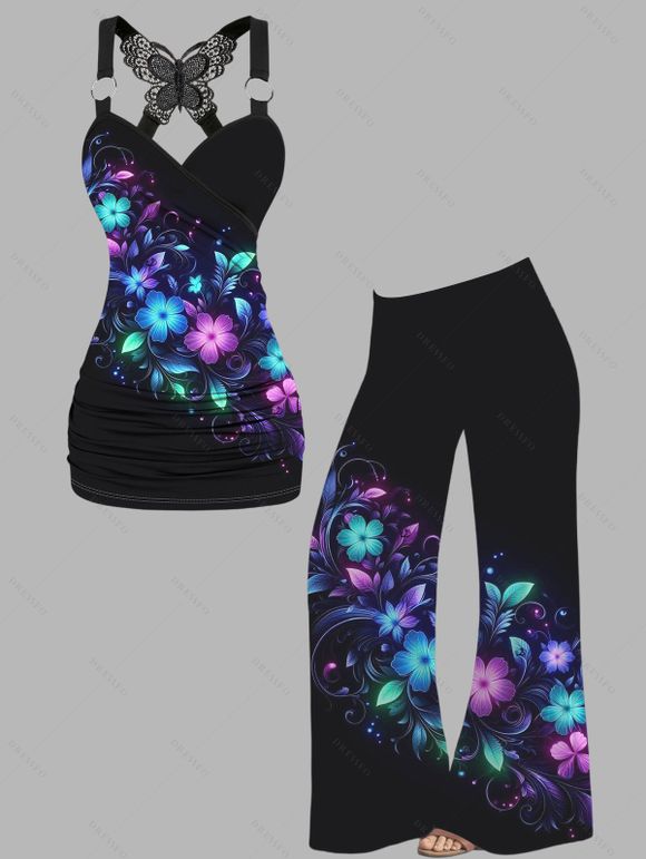 Vacation Outfit Colorful Floral Leaf Print Butterfly Lace O Ring Strap Long Tank Top and High Waisted Long Wide Leg Pants Two Piece Set - Noir S | US 4