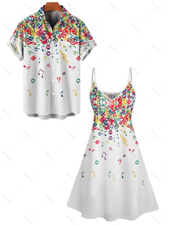 Vacation Couple Outfit Colorful Music Note Pattern Spaghetti Strap A Line Tank Dress and Roll Up Sleeve Shirt Matching Outfit - multicolor S | US 4