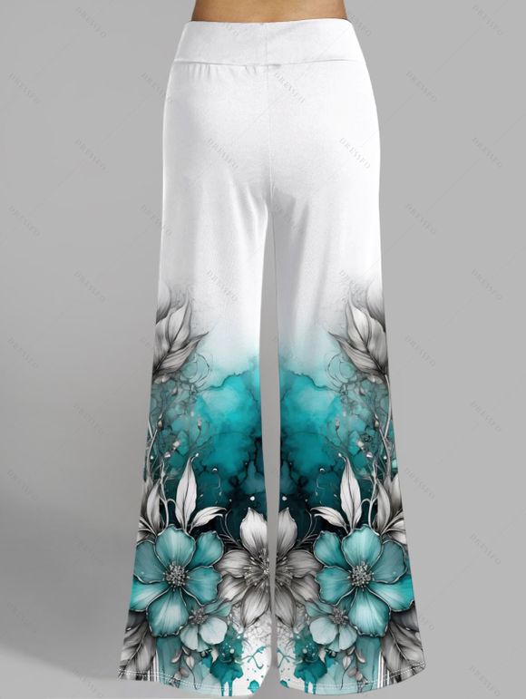 Pantalon Décontracté de Vacances Long Ombré Feuille et Fleur Imprimées Jambe Large à Taille Haute - Blanc XXL | US 14
