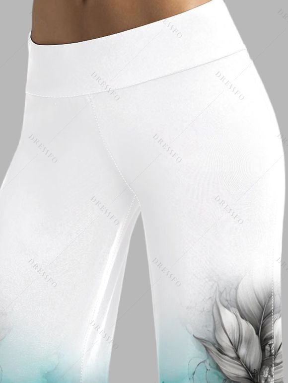 Pantalon Décontracté de Vacances Long Ombré Feuille et Fleur Imprimées Jambe Large à Taille Haute - Blanc XXL | US 14