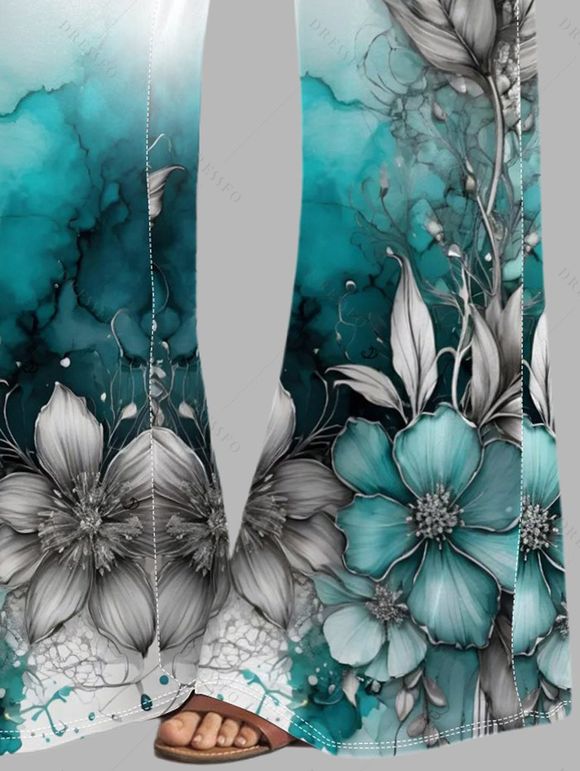 Pantalon Décontracté de Vacances Long Ombré Feuille et Fleur Imprimées Jambe Large à Taille Haute - Blanc XXL | US 14