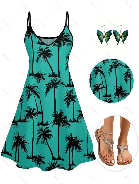 Vacation Outfit Palm Tree Print Spaghetti Strap V Neck Mini Dress and Glitter Sparkling Sequins Butterfly Earrings Beaded Slip On Sandals Casual Outfit - Vert profond S | US 4