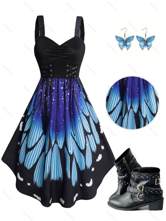 Butterfly Wings Print Ruched Bust Lace Up Dress and Glitter Sparkling Sequins Earrings Rivet Buckle Strap Zip Up Chunky Heel Boots Outfit - Noir S | US 4