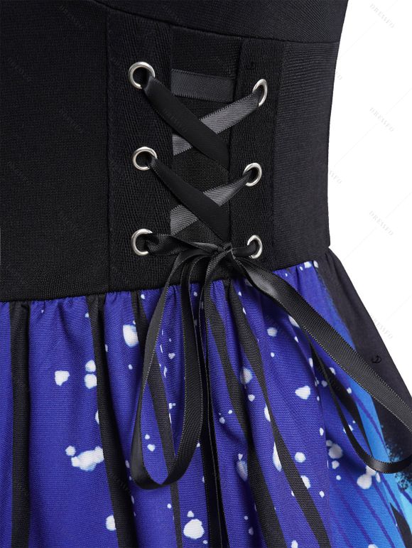 Butterfly Wings Print Ruched Bust Lace Up Dress and Glitter Sparkling Sequins Earrings Rivet Buckle Strap Zip Up Chunky Heel Boots Outfit - Noir S | US 4