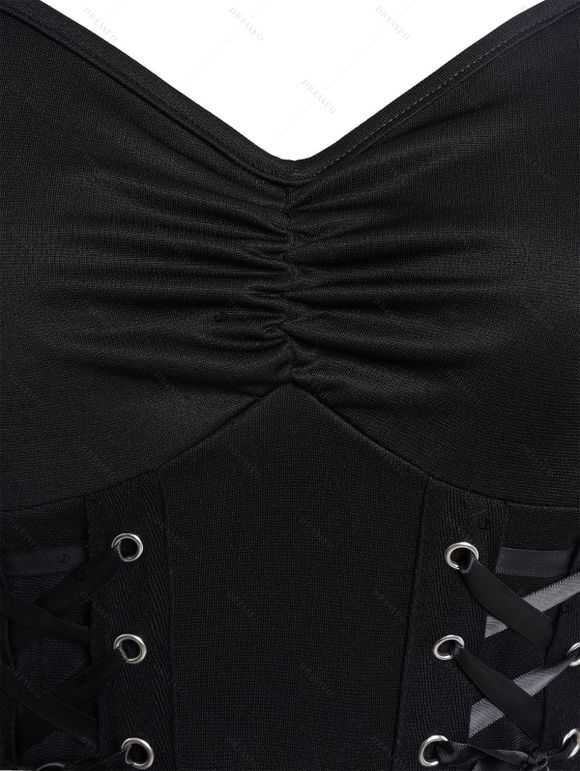 Butterfly Wings Print Ruched Bust Lace Up Dress and Glitter Sparkling Sequins Earrings Rivet Buckle Strap Zip Up Chunky Heel Boots Outfit - Noir S | US 4