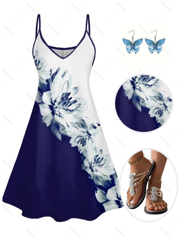 Casual Outfit Contrast Color Flower Pattern A Line Tank Dress and Butterfly Earrings Rhinestone Slip On Flat Flip Flops Outfit - Bleu profond S | US 4