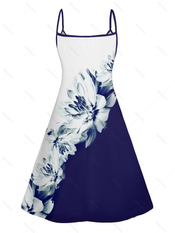 Casual Outfit Contrast Color Flower Pattern A Line Tank Dress and Butterfly Earrings Rhinestone Slip On Flat Flip Flops Outfit - Bleu profond S | US 4