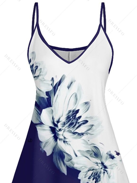 Casual Outfit Contrast Color Flower Pattern A Line Tank Dress and Butterfly Earrings Rhinestone Slip On Flat Flip Flops Outfit - Bleu profond S | US 4