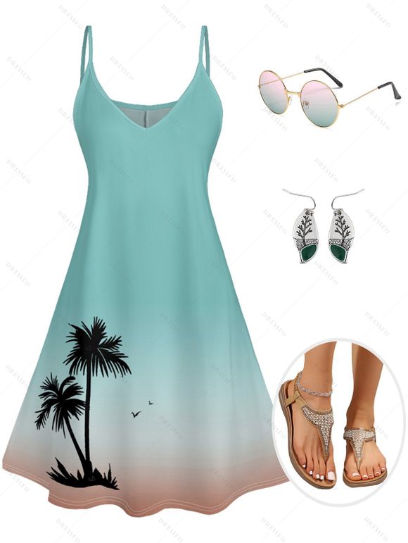 Vacation Outfit Coconut Tree Pattern Ombre A Line Tank Dress and Enamel Minimalist Tree Earrings Round Shape Frame Polarized Sunglasses Beaded Sandals Outfit - Vert clair S | US 4