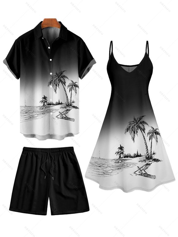 Vacation Couple Outfit Ombre Coconut Tree Print Spaghetti Strap A Line Tank Dress and Roll Up Sleeve Shirt Solid Color Drawstrings Beach Shorts Matching Outfit - Noir S | US 4