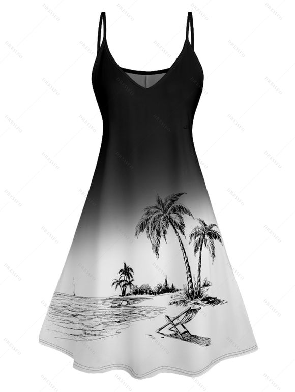 Vacation Couple Outfit Ombre Coconut Tree Print Spaghetti Strap A Line Tank Dress and Roll Up Sleeve Shirt Solid Color Drawstrings Beach Shorts Matching Outfit - Noir S | US 4