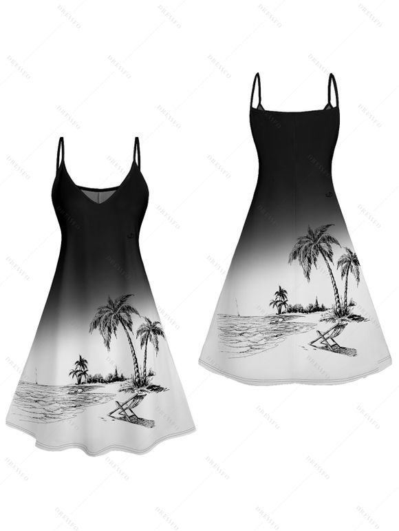 Vacation Couple Outfit Ombre Coconut Tree Print Spaghetti Strap A Line Tank Dress and Roll Up Sleeve Shirt Solid Color Drawstrings Beach Shorts Matching Outfit - Noir S | US 4