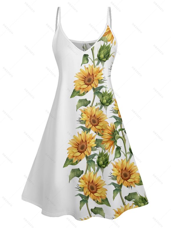 Vacation Outfit Sunflower Pattern Spaghetti Strap A Line Tank Dress and Floral Earrings Rhinestone Flat Slip On Flip Flops Three Pieces Outfit - Blanc S | US 4