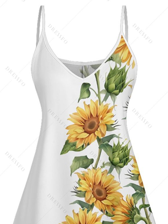 Vacation Outfit Sunflower Pattern Spaghetti Strap A Line Tank Dress and Floral Earrings Rhinestone Flat Slip On Flip Flops Three Pieces Outfit - Blanc S | US 4