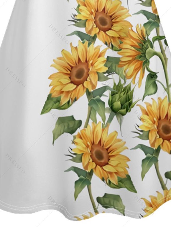 Vacation Outfit Sunflower Pattern Spaghetti Strap A Line Tank Dress and Floral Earrings Rhinestone Flat Slip On Flip Flops Three Pieces Outfit - Blanc S | US 4