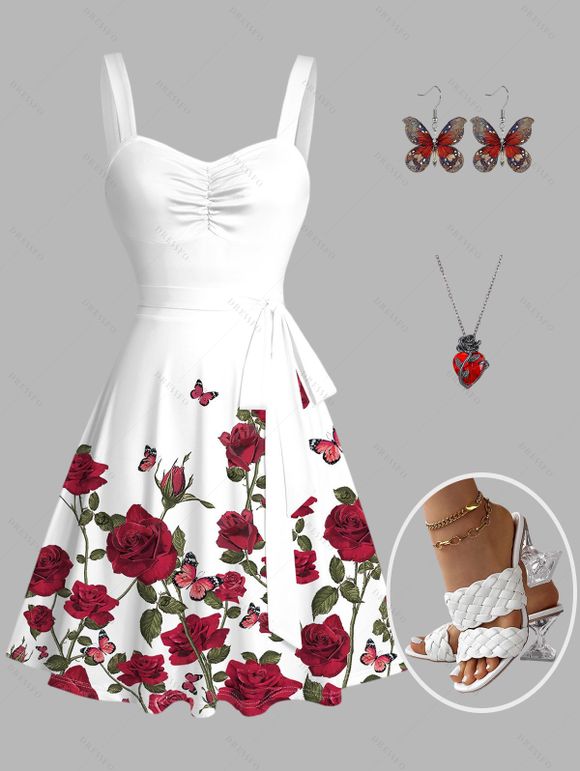 Rose Pattern Ruched Bust Belt A Line Dress and Butterfly Earrings Heart Rose Necklace Braid Chunky Heel Slip On Sandals Trendy Outfit - Blanc S | US 4