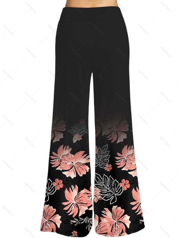 Pantalon Décontracté de Vacances Long Fleur Feuille Imprimées Partout Taille Haute - Noir XXL | US 14