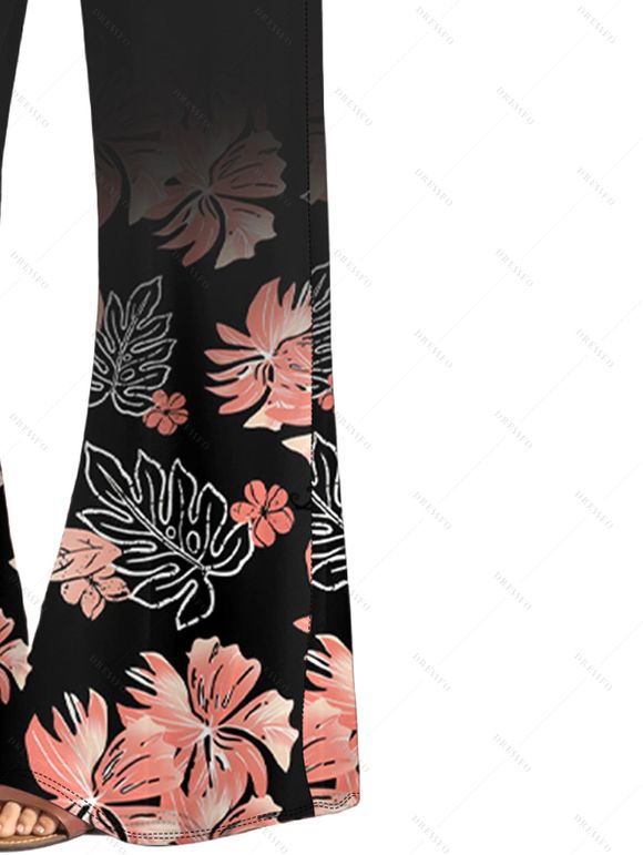 Pantalon Décontracté de Vacances Long Fleur Feuille Imprimées Partout Taille Haute - Noir XXL | US 14