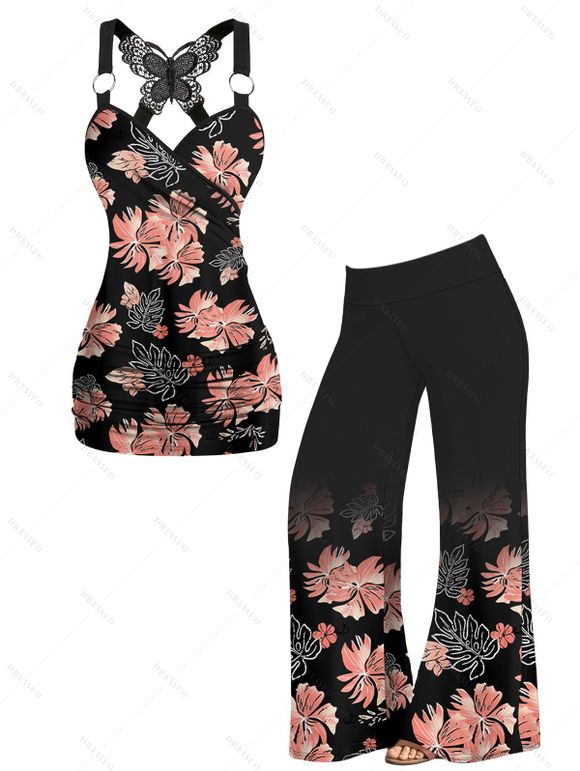 Vacation Outfit Allover Flower Leaf Print Butterfly Lace Surplice Ruched Long Tank Top and High Waisted Wide Leg Pants Casual Outfit - Noir S | US 4