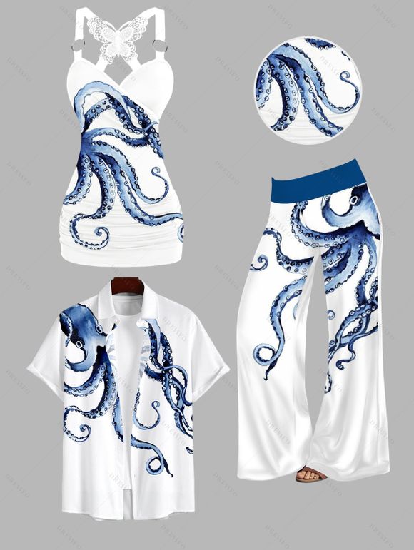 Vacation Couple Outfit Octopus Print Butterfly Lace Long Tank Top Colorblock Wide Leg Pants and Roll Up Sleeve Shirt Matching Outfit - Bleu Ciel S | US 4