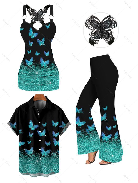 Vacation Couple Outfit Butterfly Print Ombre Lace Surplice Tank Top High Waisted Wide Leg Pants and Roll Up Sleeve Shirt Matching Outfit - Noir S | US 4