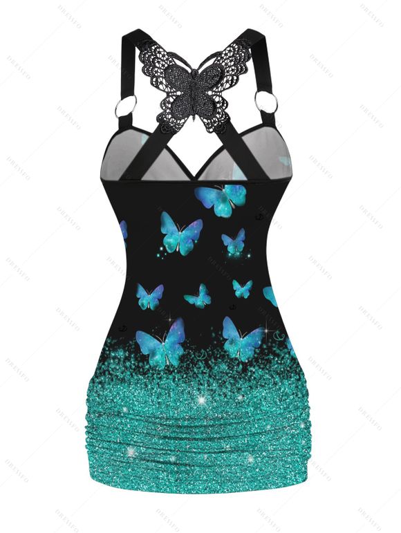 Vacation Couple Outfit Butterfly Print Ombre Lace Surplice Tank Top High Waisted Wide Leg Pants and Roll Up Sleeve Shirt Matching Outfit - Noir S | US 4