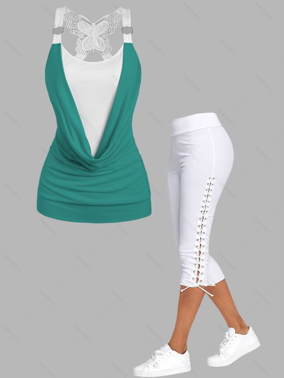 Contrast O Ring Cowl Neck Butterfly Back Faux Twinset Tank Top and Solid Color Lace Up Skinny Crop Pants Casual Outfit - Vert profond S | US 4