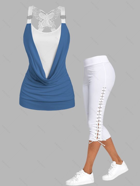 Contrast O Ring Cowl Neck Butterfly Back Faux Twinset Tank Top and Solid Color Lace Up Skinny Crop Pants Casual Outfit - Bleu profond S | US 4