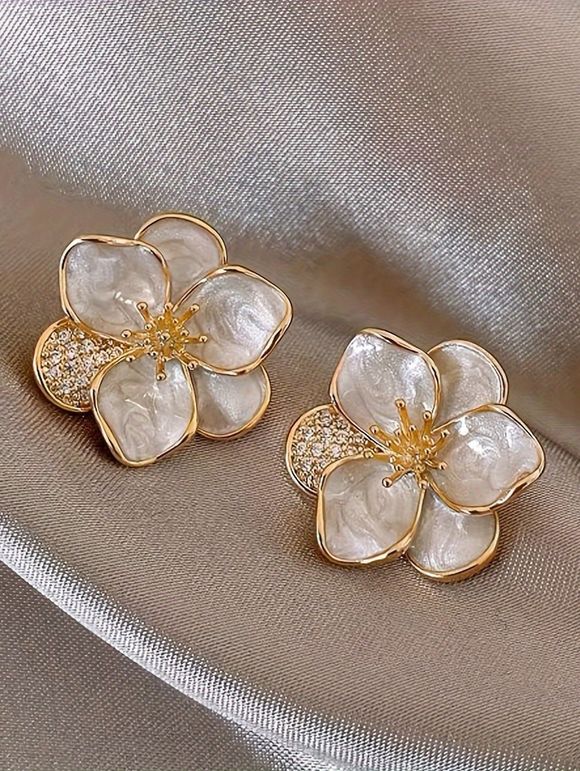 Boucles D'Oreilles Clous en Forme de Fleur Ornée de Strass la Mode pour Femmes - Blanc 