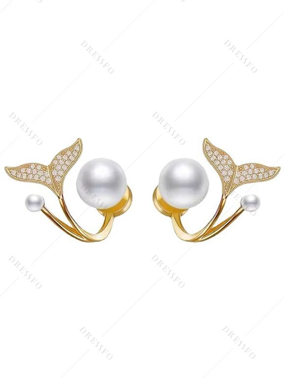 Boucles D'Oreilles Oreilles en Forme de Queue de Sirène avec Perle Fantaisie et Strass pour Femmes - Blanc 