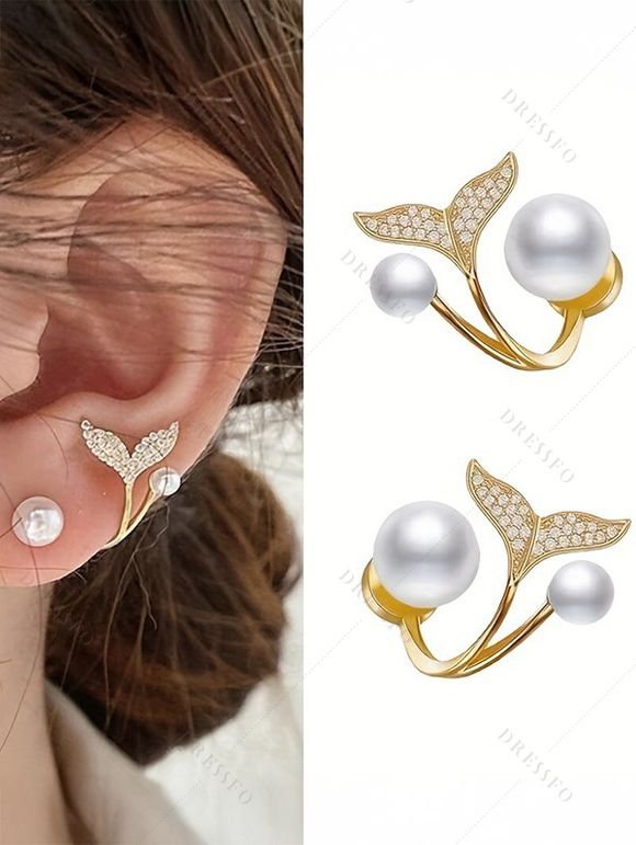 Boucles D'Oreilles Oreilles en Forme de Queue de Sirène avec Perle Fantaisie et Strass pour Femmes - Blanc 