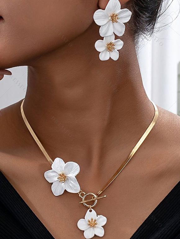 Parure Collier et Boucles D'Oreilles Tendance avec Pendentif Fleurs Éclatantes pour Vacances - Blanc 