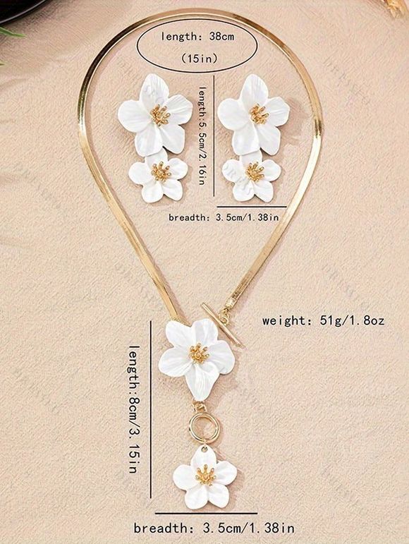 Parure Collier et Boucles D'Oreilles Tendance avec Pendentif Fleurs Éclatantes pour Vacances - Blanc 